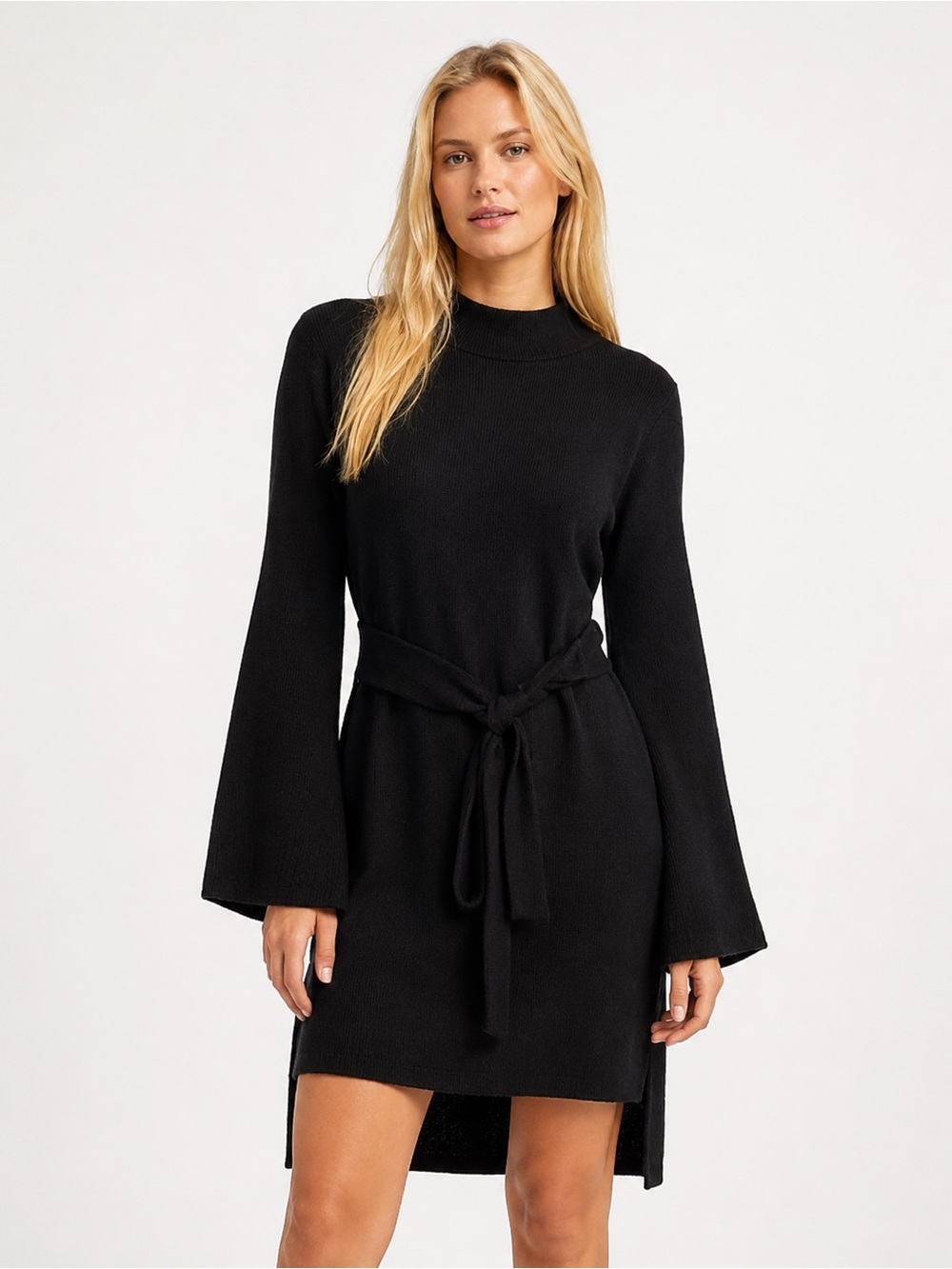 Latiste Black Knit Long-Sleeve Tie Waist Pullover High Neck Women's Dress Size L